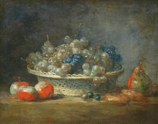 Stillleben: Traubenkorb mit drei Äpfeln, einer Birne und zwei Marzipanen, 1764
